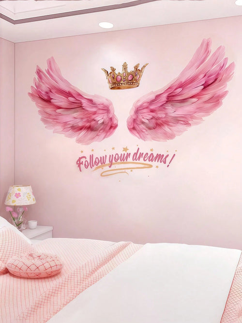 1pc Pink Angel Wings Wall Sticker, Suitable For Decorating Girls' Bedroom Headboard, Wall Background, Made Of PVC Material, Applicable For Baby Room Decor, Baby Shower, Birthday Gifts, Party Favors, B
