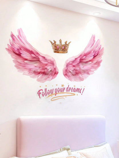 1pc Pink Angel Wings Wall Sticker, Suitable For Decorating Girls' Bedroom Headboard, Wall Background, Made Of PVC Material, Applicable For Baby Room Decor, Baby Shower, Birthday Gifts, Party Favors, B