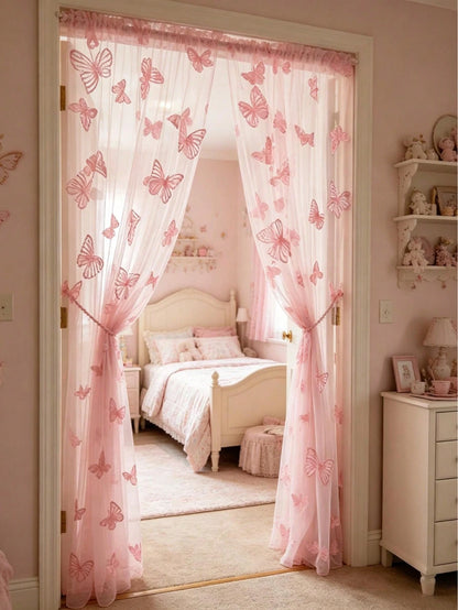 1pc Pink Butterfly Perforated Door Curtain, Rod-Pocket Mesh Door Curtain, DIY Fabric, DIY Mosquito Net Door Curtain, Baby Crib Curtain, Bedroom Door Curtain, Wall Decor Backdrop, Baby Room Decoration