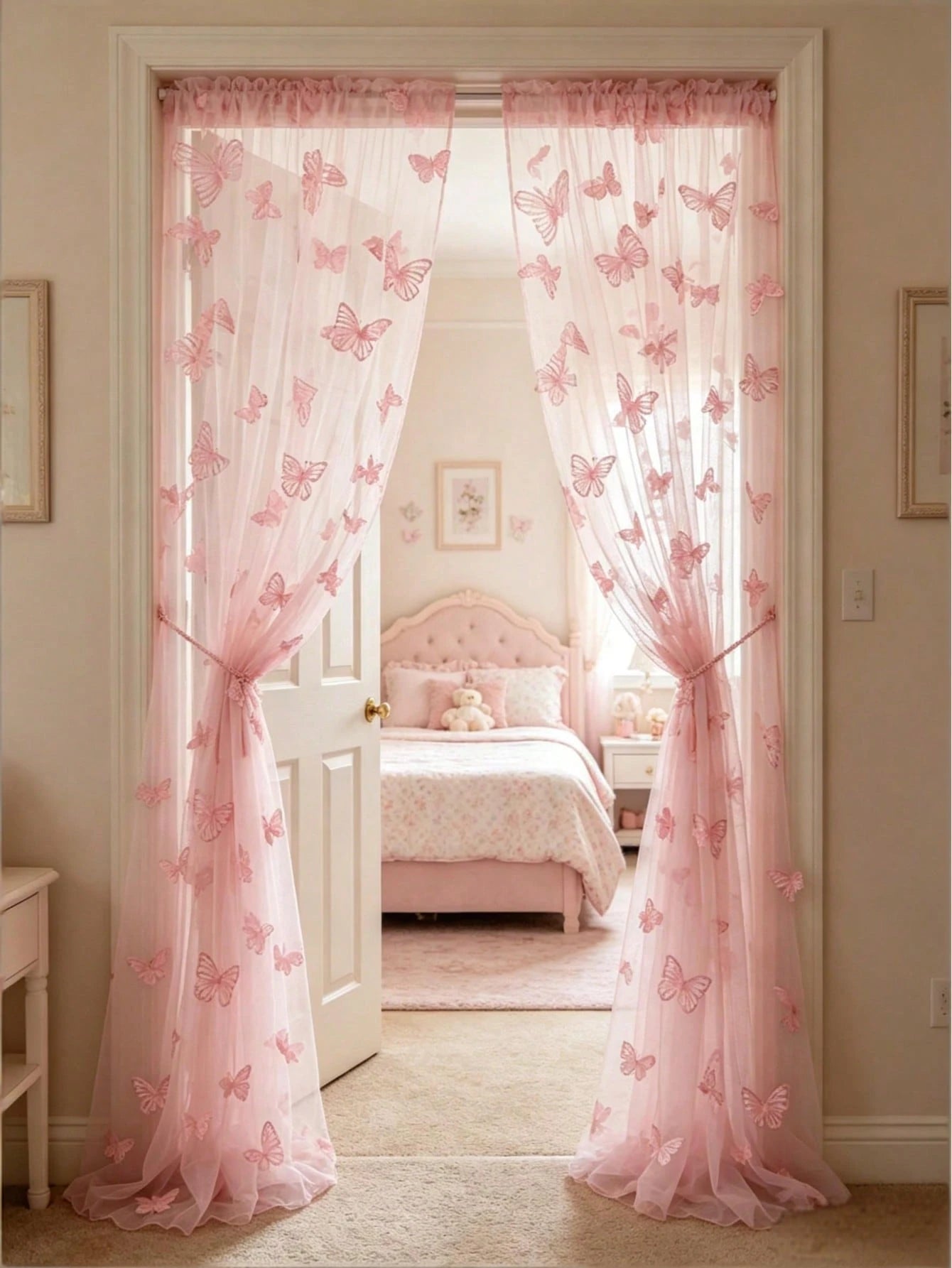 1pc Pink Butterfly Perforated Door Curtain, Rod-Pocket Mesh Door Curtain, DIY Fabric, DIY Mosquito Net Door Curtain, Baby Crib Curtain, Bedroom Door Curtain, Wall Decor Backdrop, Baby Room Decoration