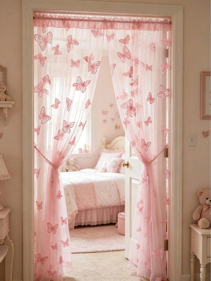 1pc Pink Butterfly Perforated Door Curtain, Rod-Pocket Mesh Door Curtain, DIY Fabric, DIY Mosquito Net Door Curtain, Baby Crib Curtain, Bedroom Door Curtain, Wall Decor Backdrop, Baby Room Decoration