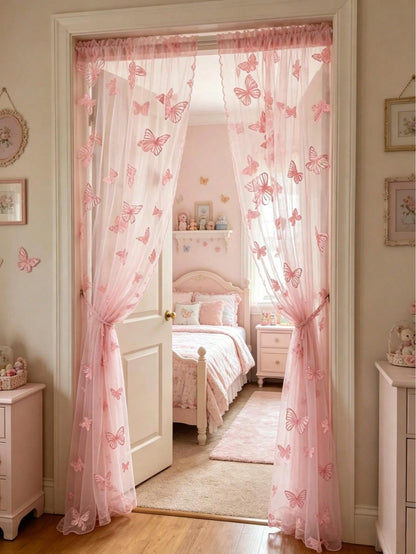 1pc Pink Butterfly Perforated Door Curtain, Rod-Pocket Mesh Door Curtain, DIY Fabric, DIY Mosquito Net Door Curtain, Baby Crib Curtain, Bedroom Door Curtain, Wall Decor Backdrop, Baby Room Decoration