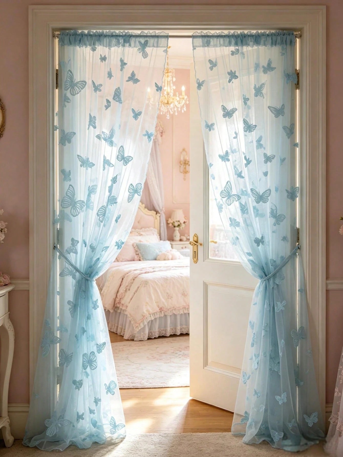 1pc Pink Butterfly Perforated Door Curtain, Rod-Pocket Mesh Door Curtain, DIY Fabric, DIY Mosquito Net Door Curtain, Baby Crib Curtain, Bedroom Door Curtain, Wall Decor Backdrop, Baby Room Decoration