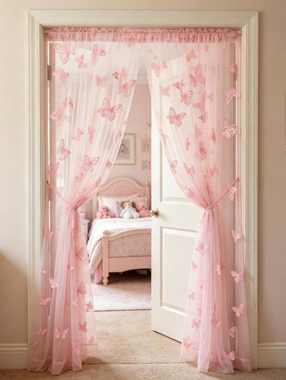 1pc Pink Butterfly Perforated Door Curtain, Rod-Pocket Mesh Door Curtain, DIY Fabric, DIY Mosquito Net Door Curtain, Baby Crib Curtain, Bedroom Door Curtain, Wall Decor Backdrop, Baby Room Decoration