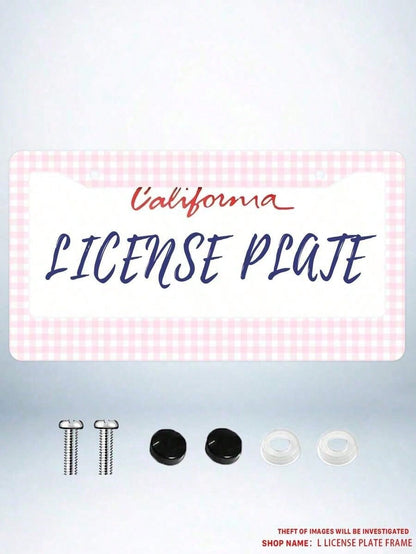 1pc Pink Gingham Checkered Pattern Aluminum License Plate Frame 6x12 Inch With Screw Kit, Retro And Cute Car Decor,License Plate Frame,Car Acessesories,Car Acessesories Women,Car Decor, Car Acessesori