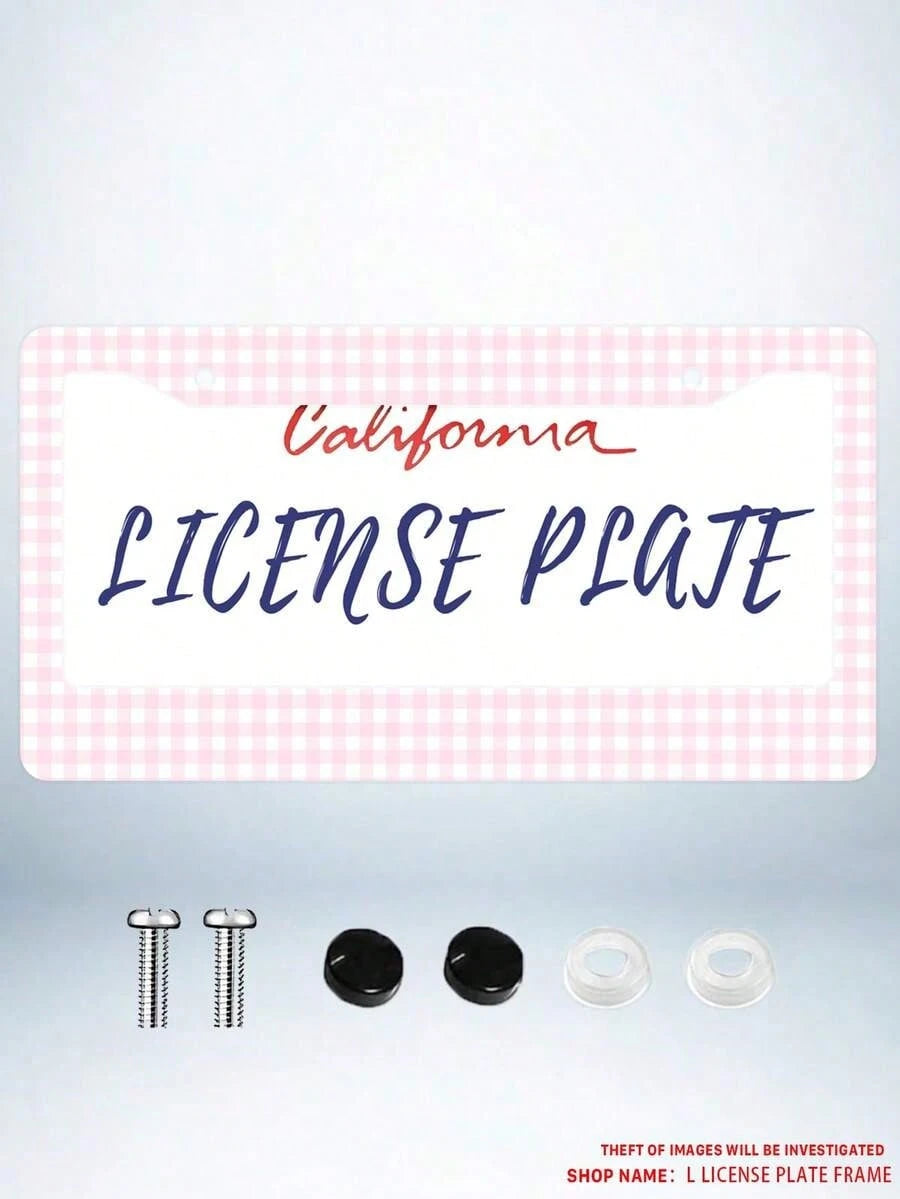 1pc Pink Gingham Checkered Pattern Aluminum License Plate Frame 6x12 Inch With Screw Kit, Retro And Cute Car Decor,License Plate Frame,Car Acessesories,Car Acessesories Women,Car Decor, Car Acessesori