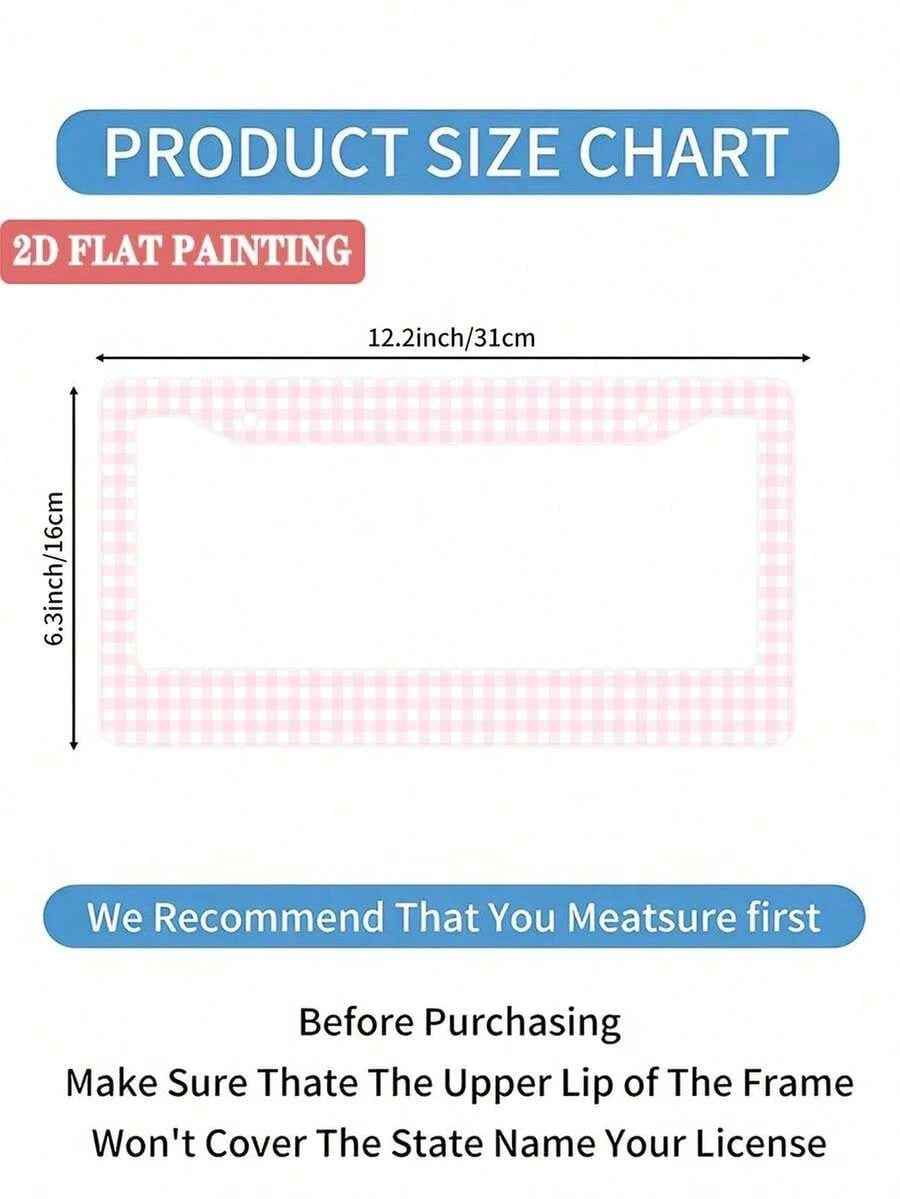 1pc Pink Gingham Checkered Pattern Aluminum License Plate Frame 6x12 Inch With Screw Kit, Retro And Cute Car Decor,License Plate Frame,Car Acessesories,Car Acessesories Women,Car Decor, Car Acessesori