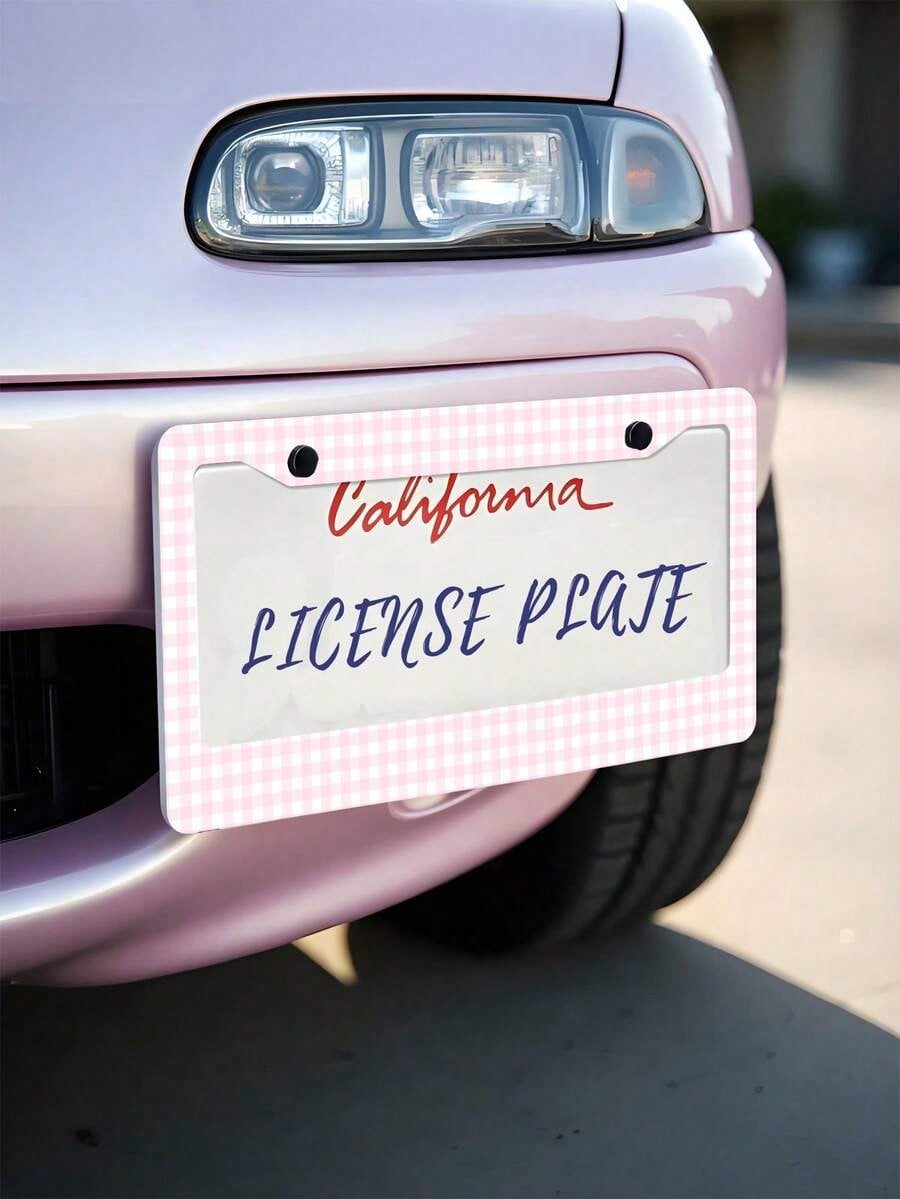1pc Pink Gingham Checkered Pattern Aluminum License Plate Frame 6x12 Inch With Screw Kit, Retro And Cute Car Decor,License Plate Frame,Car Acessesories,Car Acessesories Women,Car Decor, Car Acessesori