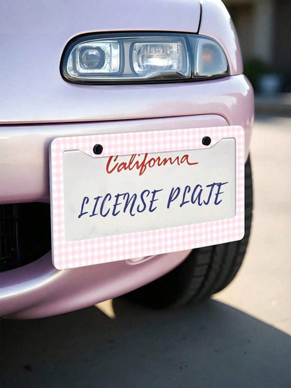 1pc Pink Gingham Checkered Pattern Aluminum License Plate Frame 6x12 Inch With Screw Kit, Retro And Cute Car Decor,License Plate Frame,Car Acessesories,Car Acessesories Women,Car Decor, Car Acessesori