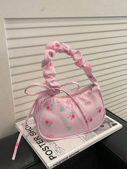1pc Pink Nylon Printed Zipper Casual Women's Shoulder Bag, Multipurpose For Daily Use