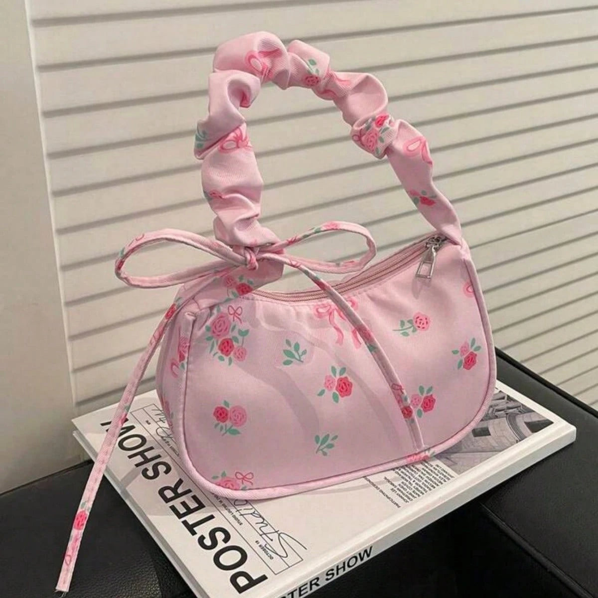 1pc Pink Nylon Printed Zipper Casual Women's Shoulder Bag, Multipurpose For Daily Use