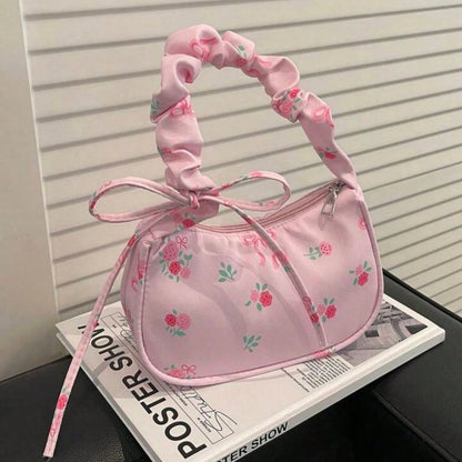 1pc Pink Nylon Printed Zipper Casual Women's Shoulder Bag, Multipurpose For Daily Use