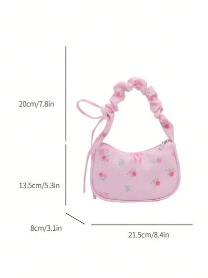 1pc Pink Nylon Printed Zipper Casual Women's Shoulder Bag, Multipurpose For Daily Use