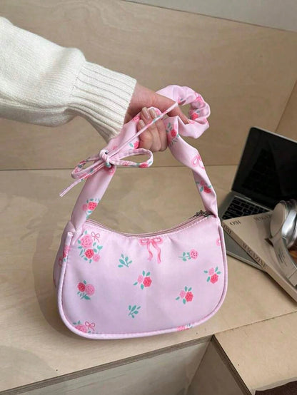 1pc Pink Nylon Printed Zipper Casual Women's Shoulder Bag, Multipurpose For Daily Use