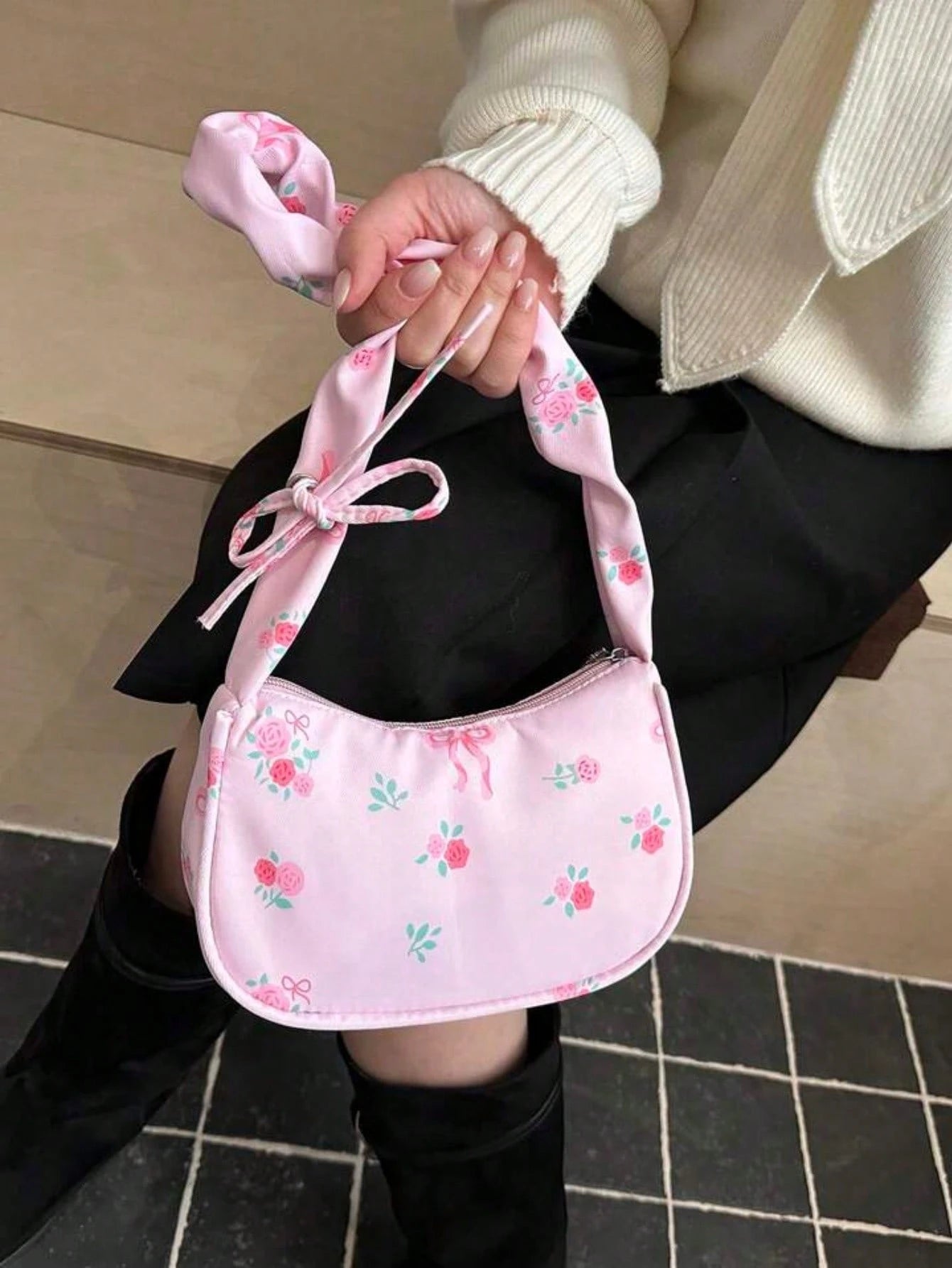 1pc Pink Nylon Printed Zipper Casual Women's Shoulder Bag, Multipurpose For Daily Use