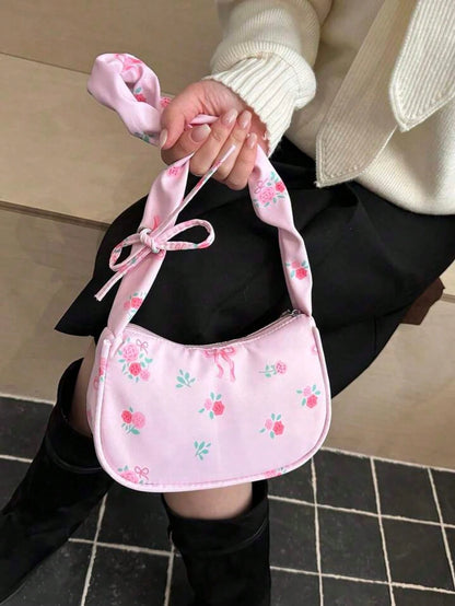 1pc Pink Nylon Printed Zipper Casual Women's Shoulder Bag, Multipurpose For Daily Use