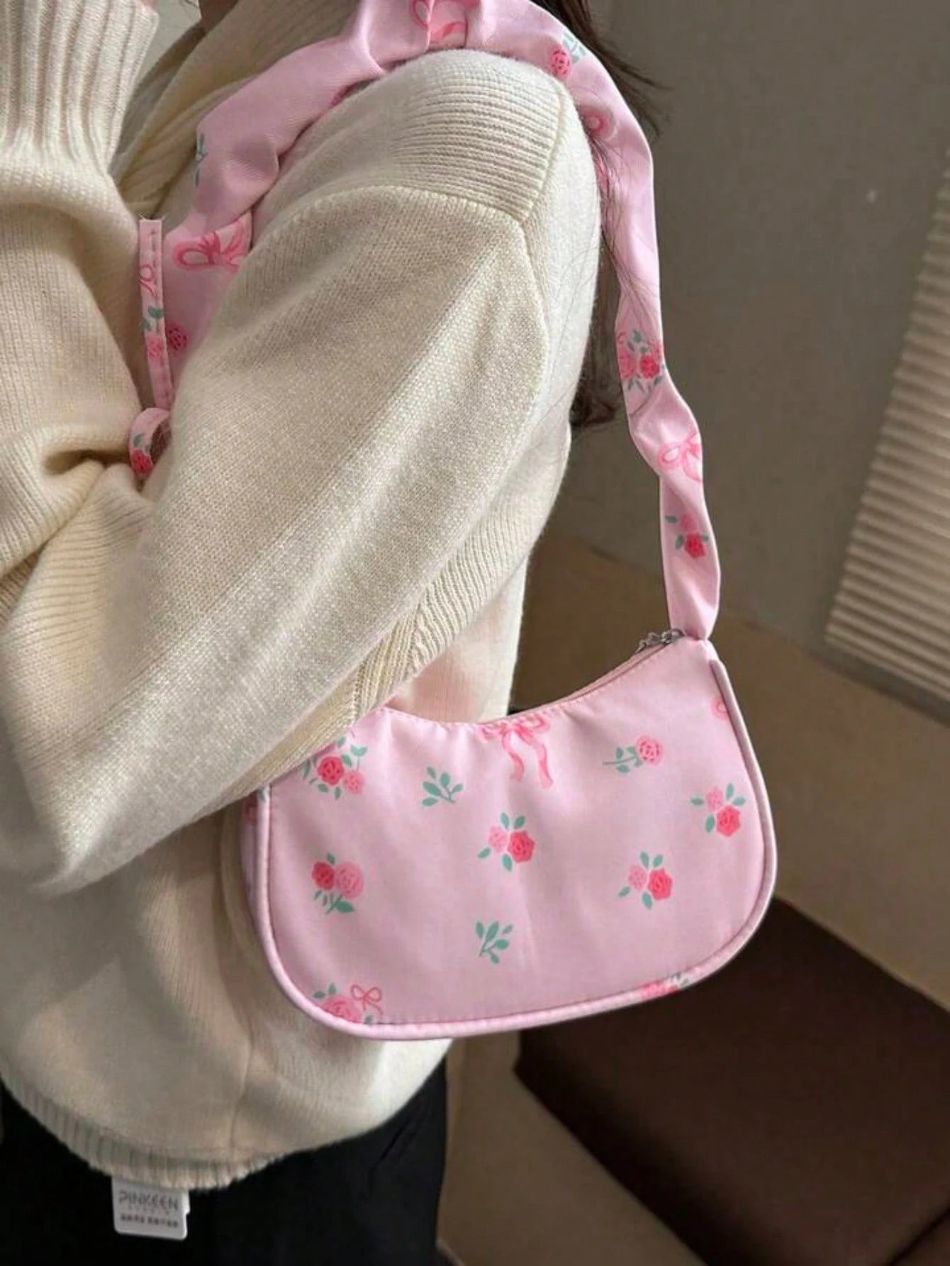 1pc Pink Nylon Printed Zipper Casual Women's Shoulder Bag, Multipurpose For Daily Use