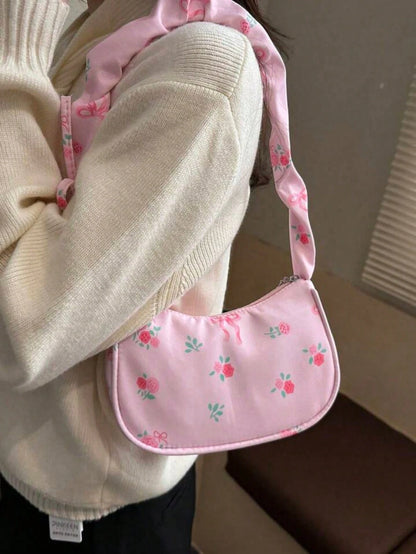 1pc Pink Nylon Printed Zipper Casual Women's Shoulder Bag, Multipurpose For Daily Use