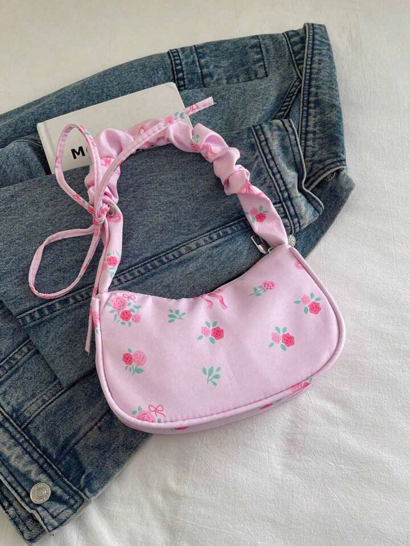1pc Pink Nylon Printed Zipper Casual Women's Shoulder Bag, Multipurpose For Daily Use