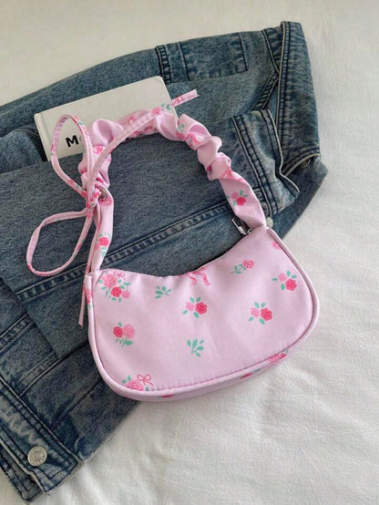 1pc Pink Nylon Printed Zipper Casual Women's Shoulder Bag, Multipurpose For Daily Use