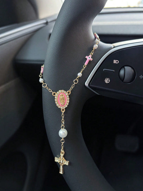 1pc Pink Pearl Cross Steering Wheel Rosary Ornament, Rosary Car Pendant Accessory, Unique Fashion Car Decor Accessory