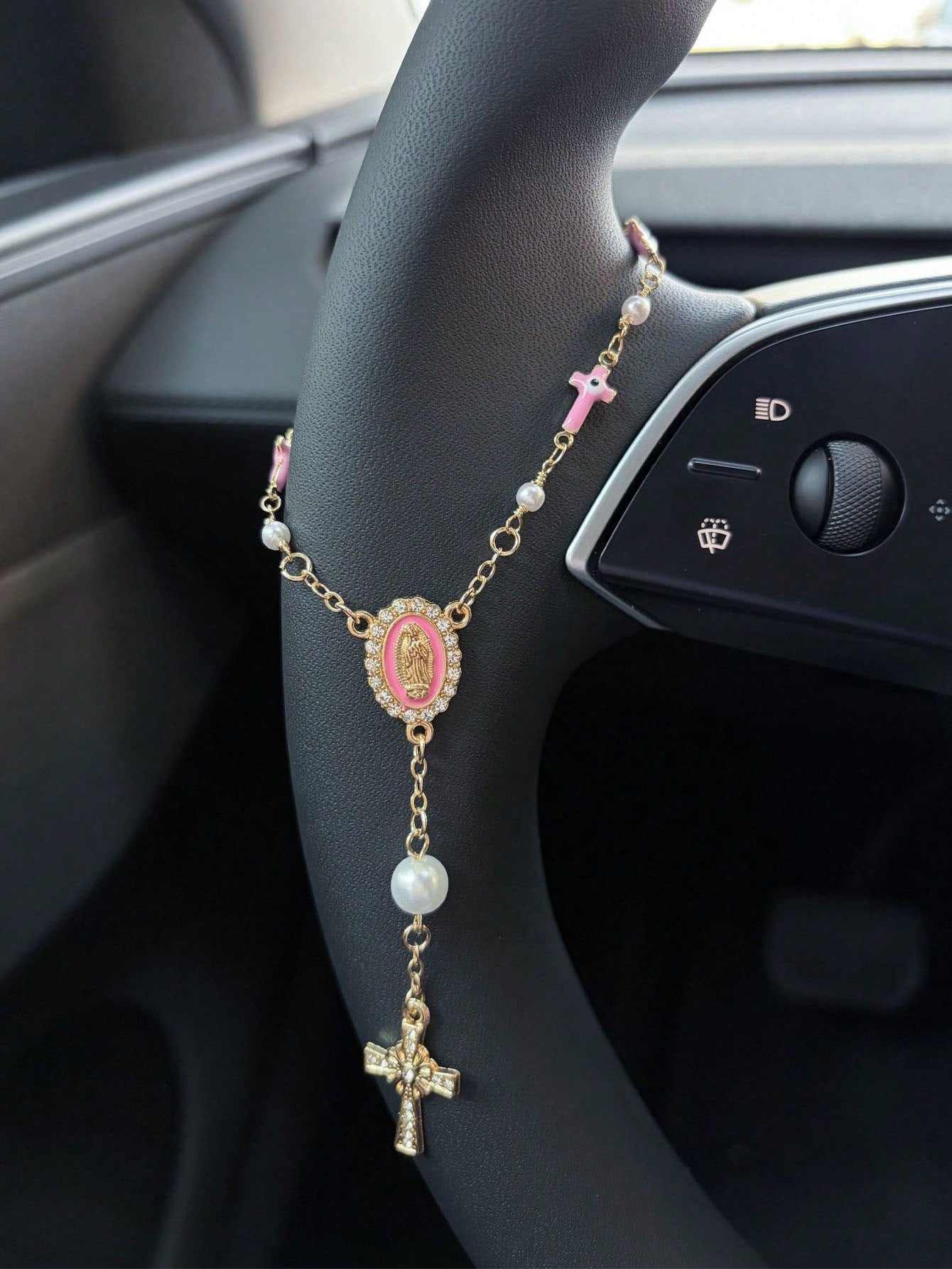 1pc Pink Pearl Cross Steering Wheel Rosary Ornament, Rosary Car Pendant Accessory, Unique Fashion Car Decor Accessory