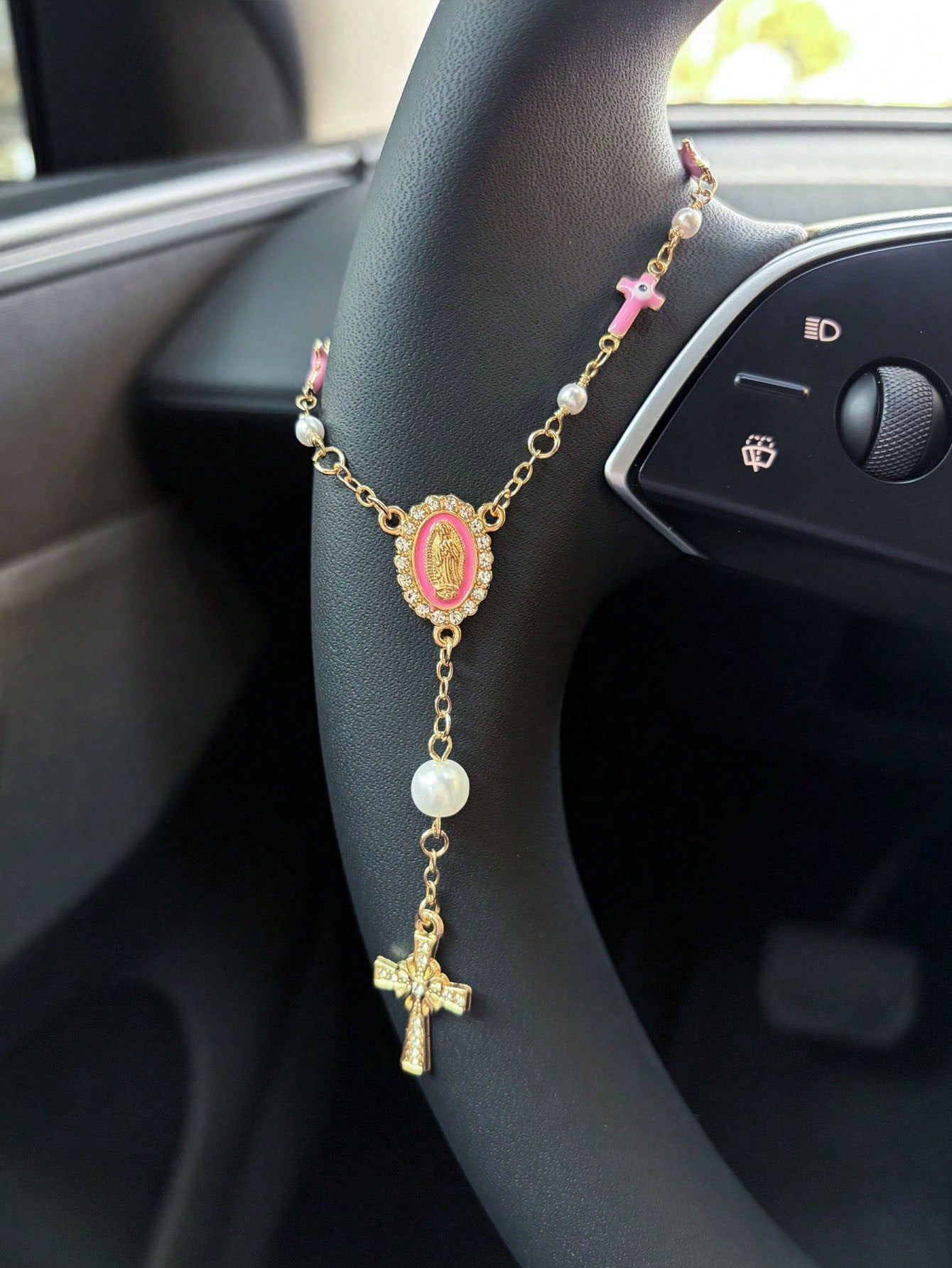 1pc Pink Pearl Cross Steering Wheel Rosary Ornament, Rosary Car Pendant Accessory, Unique Fashion Car Decor Accessory