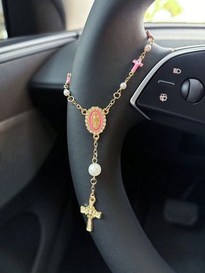 1pc Pink Pearl Cross Steering Wheel Rosary Ornament, Rosary Car Pendant Accessory, Unique Fashion Car Decor Accessory