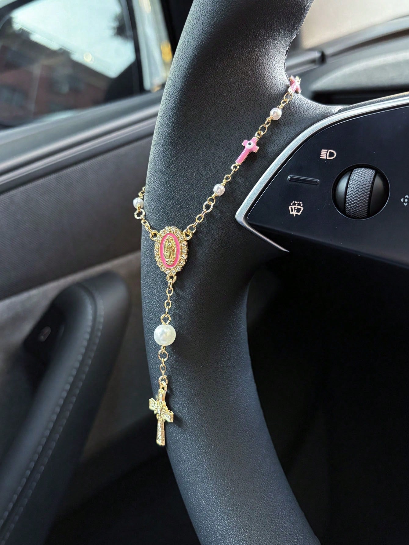 1pc Pink Pearl Cross Steering Wheel Rosary Ornament, Rosary Car Pendant Accessory, Unique Fashion Car Decor Accessory