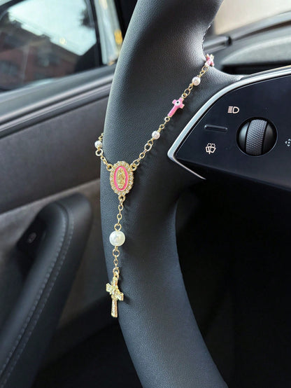 1pc Pink Pearl Cross Steering Wheel Rosary Ornament, Rosary Car Pendant Accessory, Unique Fashion Car Decor Accessory