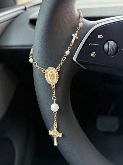 1pc Pink Pearl Cross Steering Wheel Rosary Ornament, Rosary Car Pendant Accessory, Unique Fashion Car Decor Accessory
