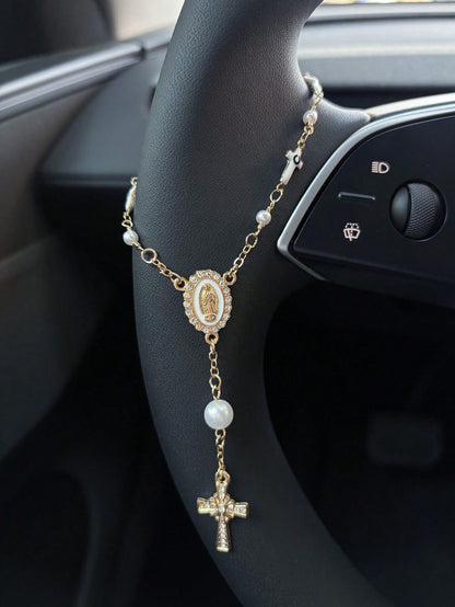 1pc Pink Pearl Cross Steering Wheel Rosary Ornament, Rosary Car Pendant Accessory, Unique Fashion Car Decor Accessory