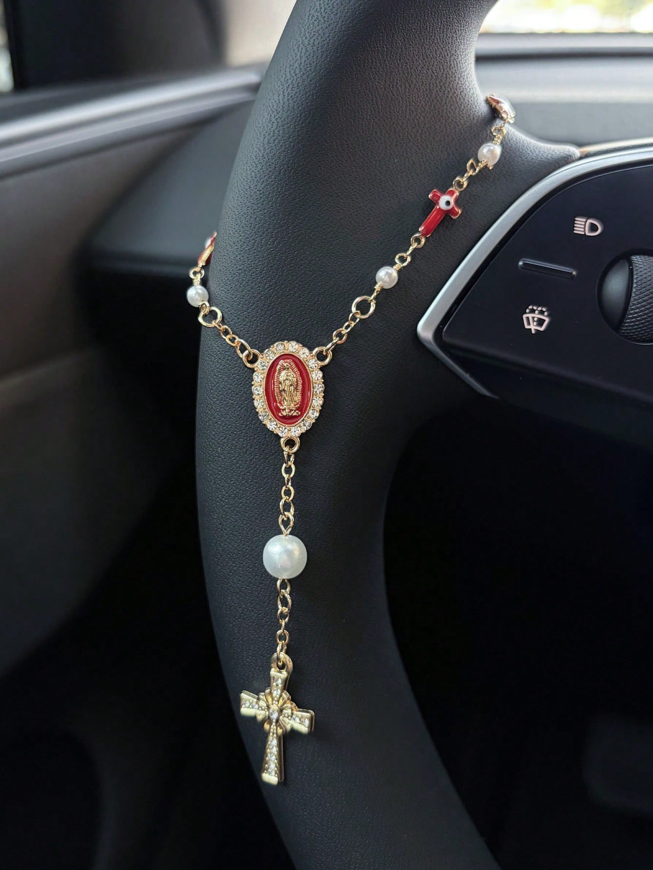 1pc Pink Pearl Cross Steering Wheel Rosary Ornament, Rosary Car Pendant Accessory, Unique Fashion Car Decor Accessory
