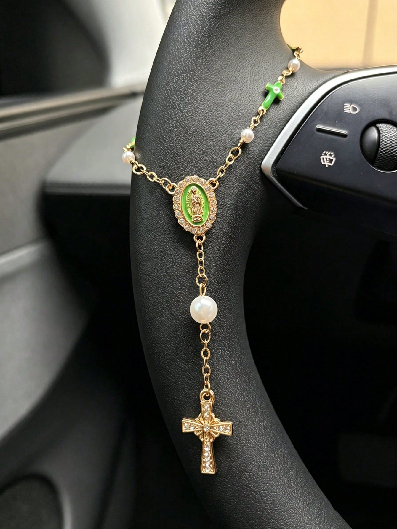 1pc Pink Pearl Cross Steering Wheel Rosary Ornament, Rosary Car Pendant Accessory, Unique Fashion Car Decor Accessory