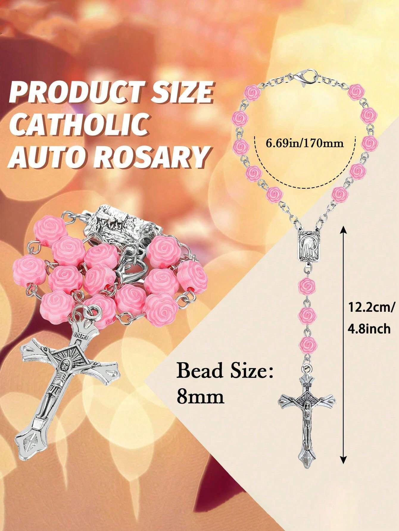 1pc Pink Rose Beaded Cross Ornament, Elegant Rearview Mirror Hanging Decor