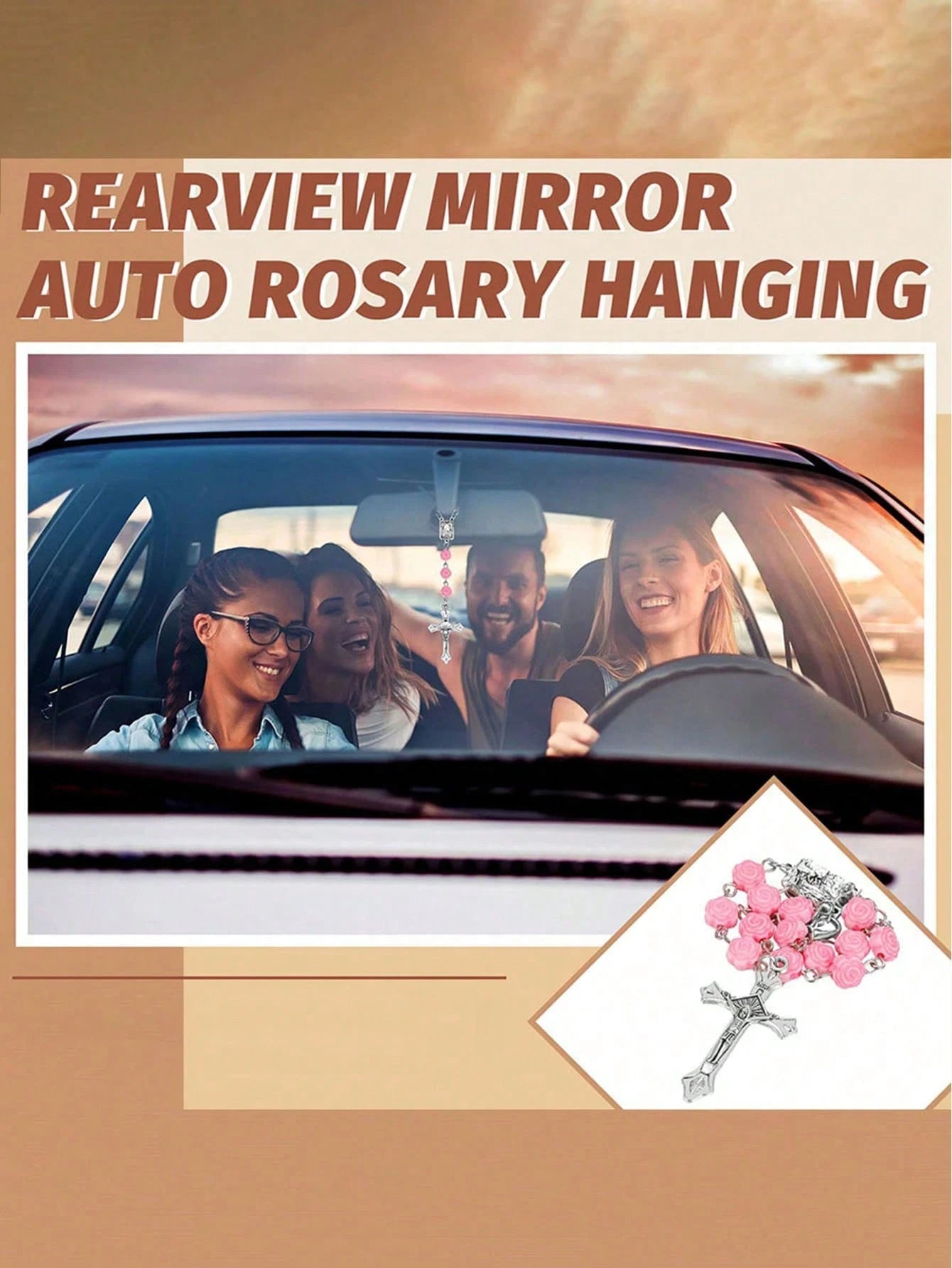 1pc Pink Rose Beaded Cross Ornament, Elegant Rearview Mirror Hanging Decor