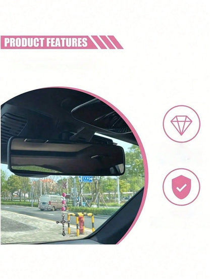 1pc Pink Rose Beaded Cross Ornament, Elegant Rearview Mirror Hanging Decor