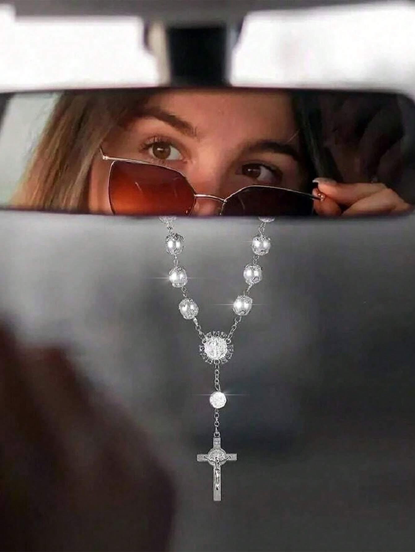 1pc Pink Rose Beaded Cross Ornament, Elegant Rearview Mirror Hanging Decor