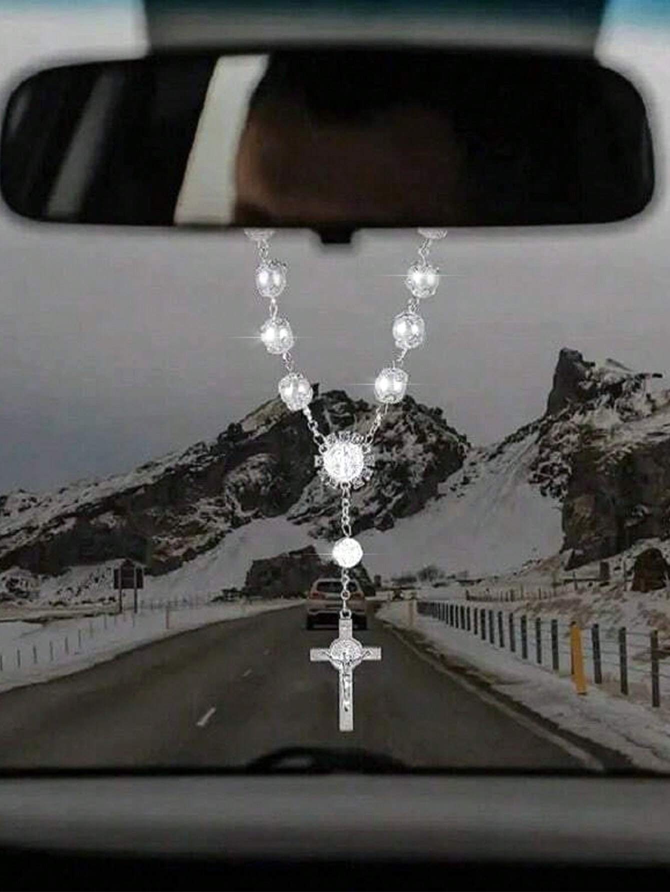 1pc Pink Rose Beaded Cross Ornament, Elegant Rearview Mirror Hanging Decor