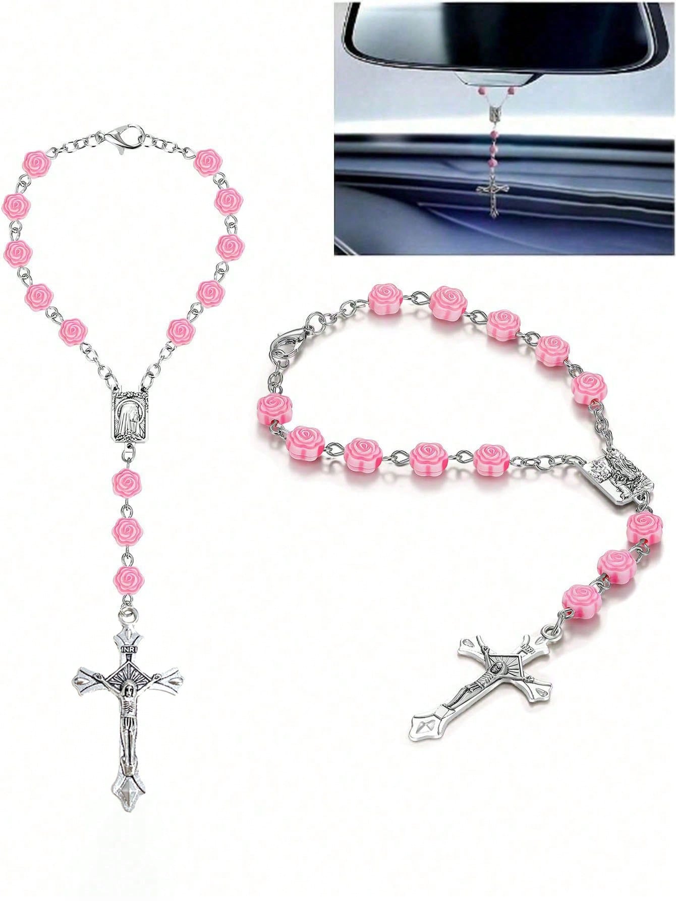 1pc Pink Rose Beaded Cross Ornament, Elegant Rearview Mirror Hanging Decor