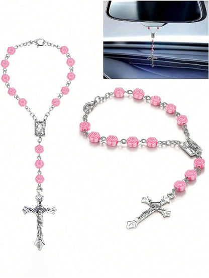 1pc Pink Rose Beaded Cross Ornament, Elegant Rearview Mirror Hanging Decor