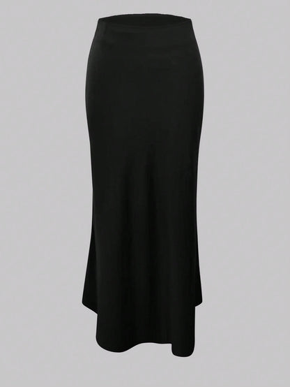 1pc Plain Color Casual Elegant Waist Zip Up A-Line Skirt, Daily Wear, Summer Black