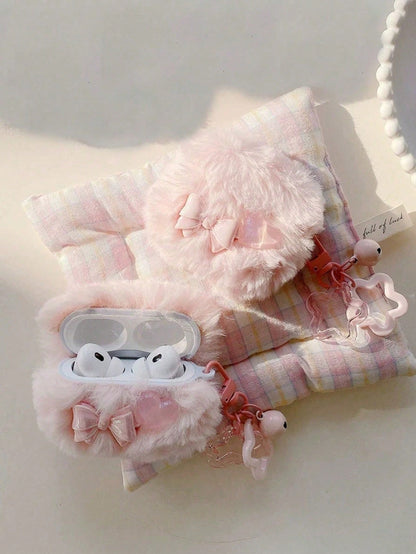 1pc Plush Bow Heart Earphone Case Compatible With Apple 1/2/3/4, Pro 3 With Star Pendant, Shockproof Earphone Cover (Earphones Not Included), Autumn/Winter