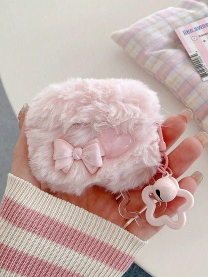 1pc Plush Bow Heart Earphone Case Compatible With Apple 1/2/3/4, Pro 3 With Star Pendant, Shockproof Earphone Cover (Earphones Not Included), Autumn/Winter
