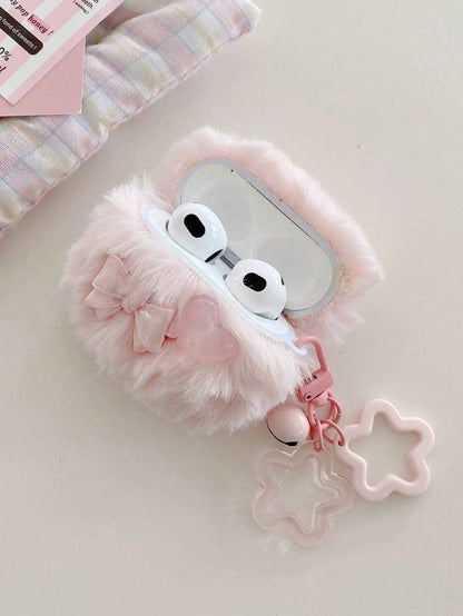 1pc Plush Bow Heart Earphone Case Compatible With Apple 1/2/3/4, Pro 3 With Star Pendant, Shockproof Earphone Cover (Earphones Not Included), Autumn/Winter