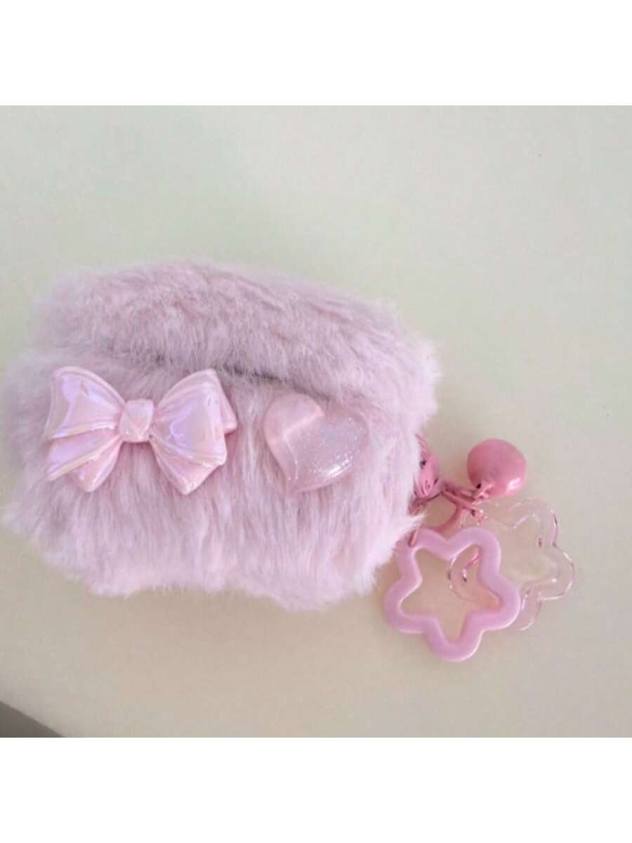 1pc Plush Bow Heart Earphone Case Compatible With Apple 1/2/3/4, Pro 3 With Star Pendant, Shockproof Earphone Cover (Earphones Not Included), Autumn/Winter