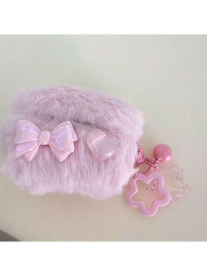 1pc Plush Bow Heart Earphone Case Compatible With Apple 1/2/3/4, Pro 3 With Star Pendant, Shockproof Earphone Cover (Earphones Not Included), Autumn/Winter