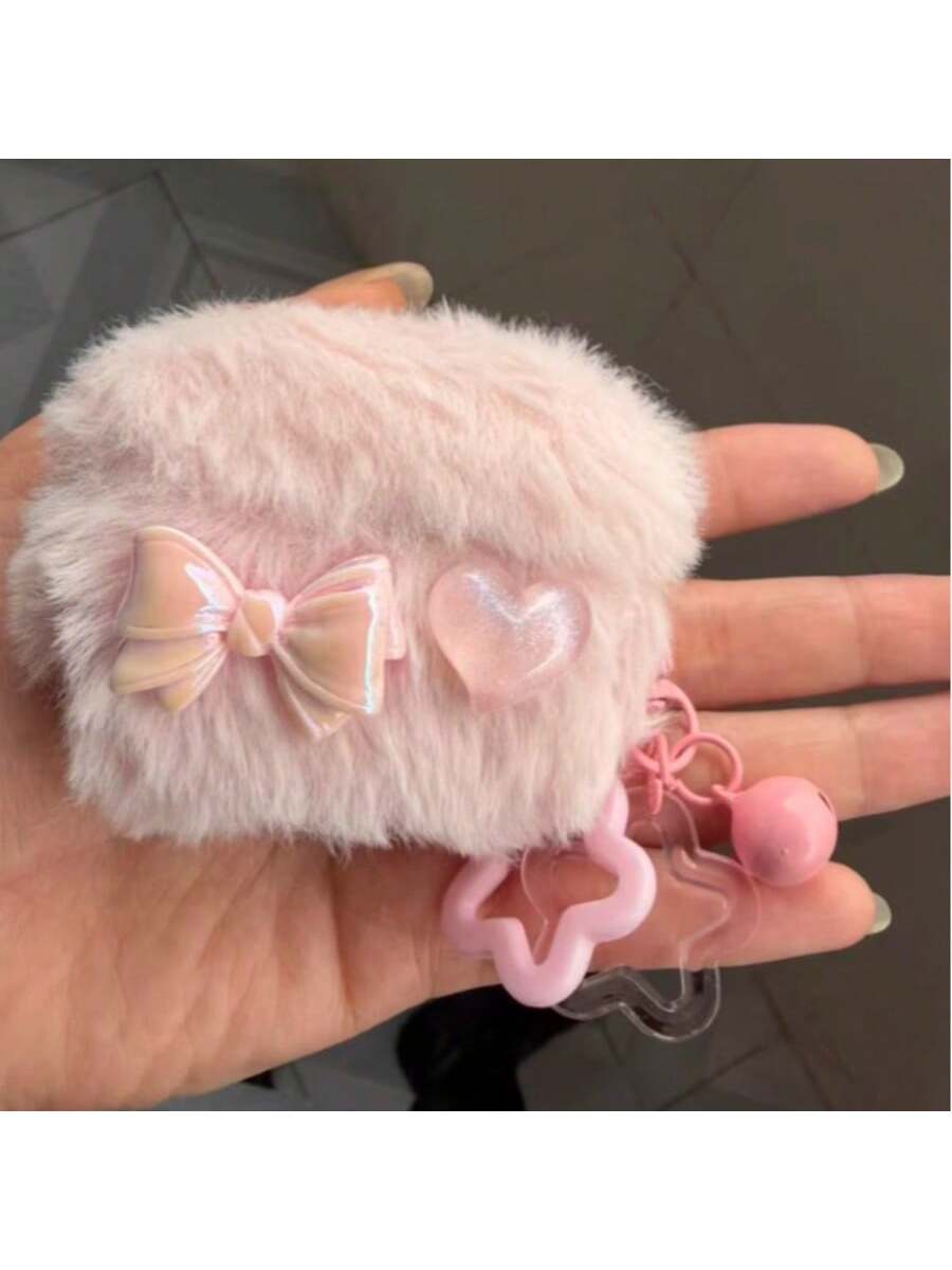 1pc Plush Bow Heart Earphone Case Compatible With Apple 1/2/3/4, Pro 3 With Star Pendant, Shockproof Earphone Cover (Earphones Not Included), Autumn/Winter