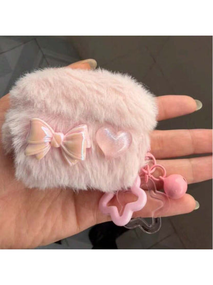 1pc Plush Bow Heart Earphone Case Compatible With Apple 1/2/3/4, Pro 3 With Star Pendant, Shockproof Earphone Cover (Earphones Not Included), Autumn/Winter