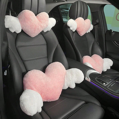 1pc Plush Car Headrest Neck Pillow, Heart-Shaped Wings Soft Neck Support Cushion, Car Interior Accessories, Women Car Accessories, Car Pillow, Love